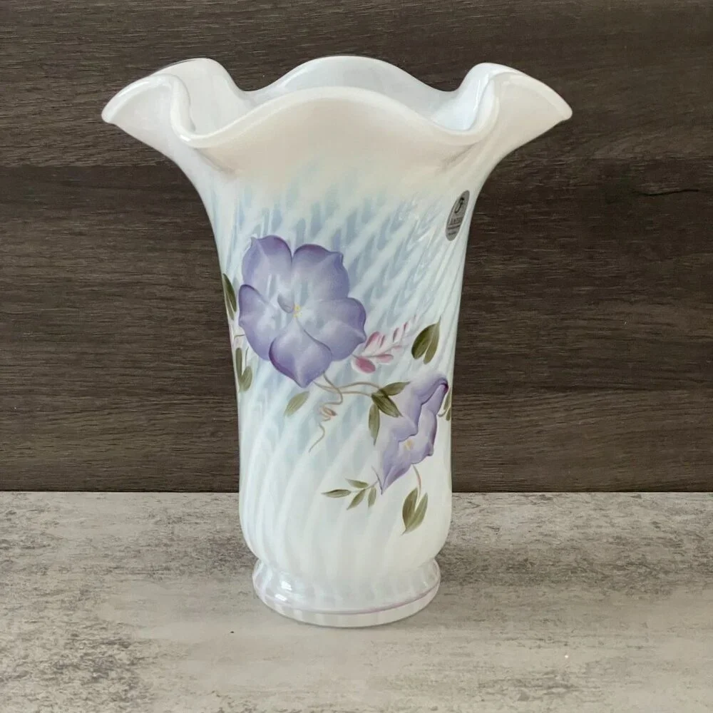 Vintage Fenton Heirloom Optic Glass Hand Painted Purple Flower Signed Vase 8